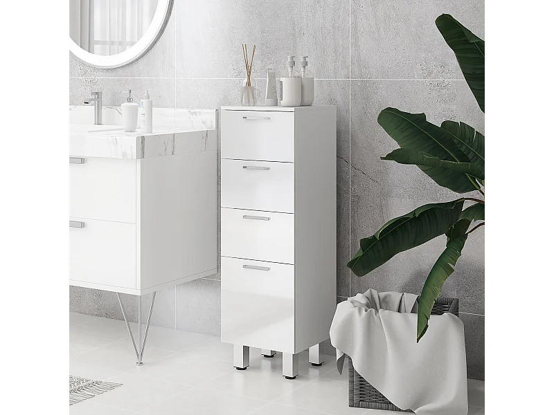 Colonne salle de bain sur pied 4 tiroirs - 30 x 30 x 93 cm - poignées alu façade blanc laqué