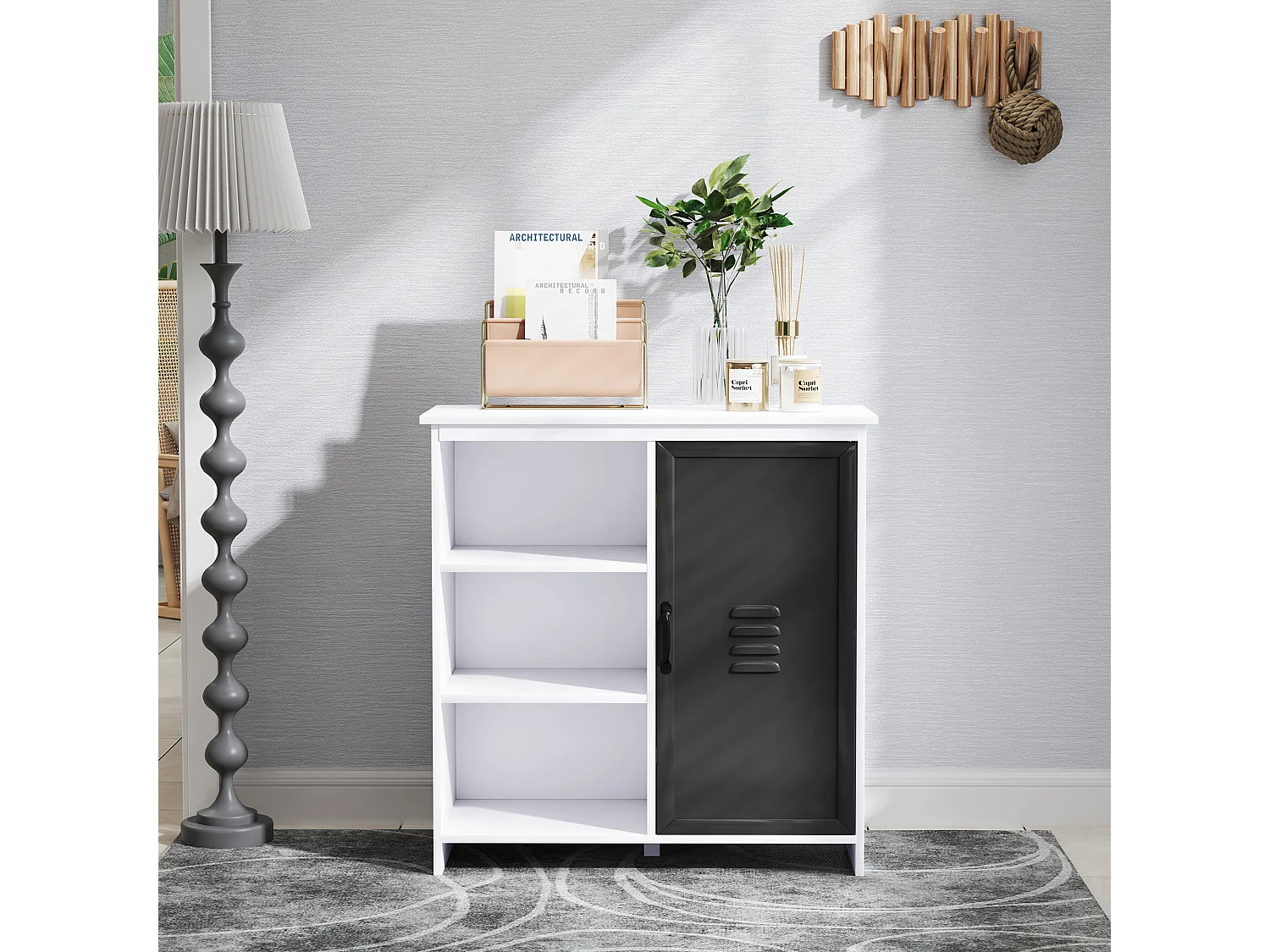 Buffet design industriel - meuble de rangement 3 niches placard - blanc métal gris