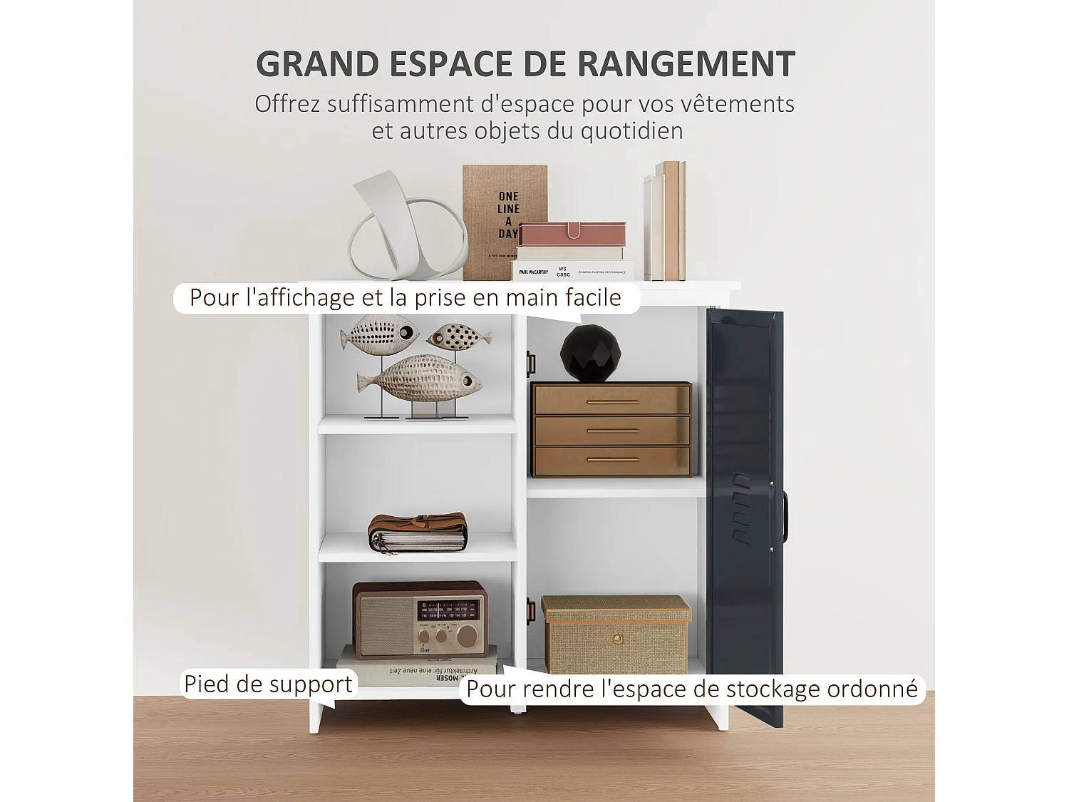 Buffet design industriel - meuble de rangement 3 niches placard - blanc métal gris