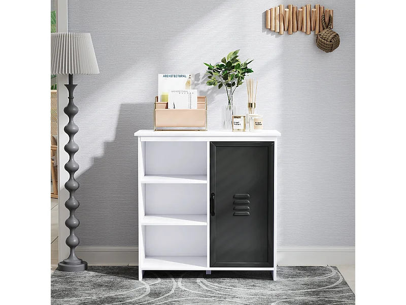 Buffet design industriel - meuble de rangement 3 niches placard - blanc métal gris