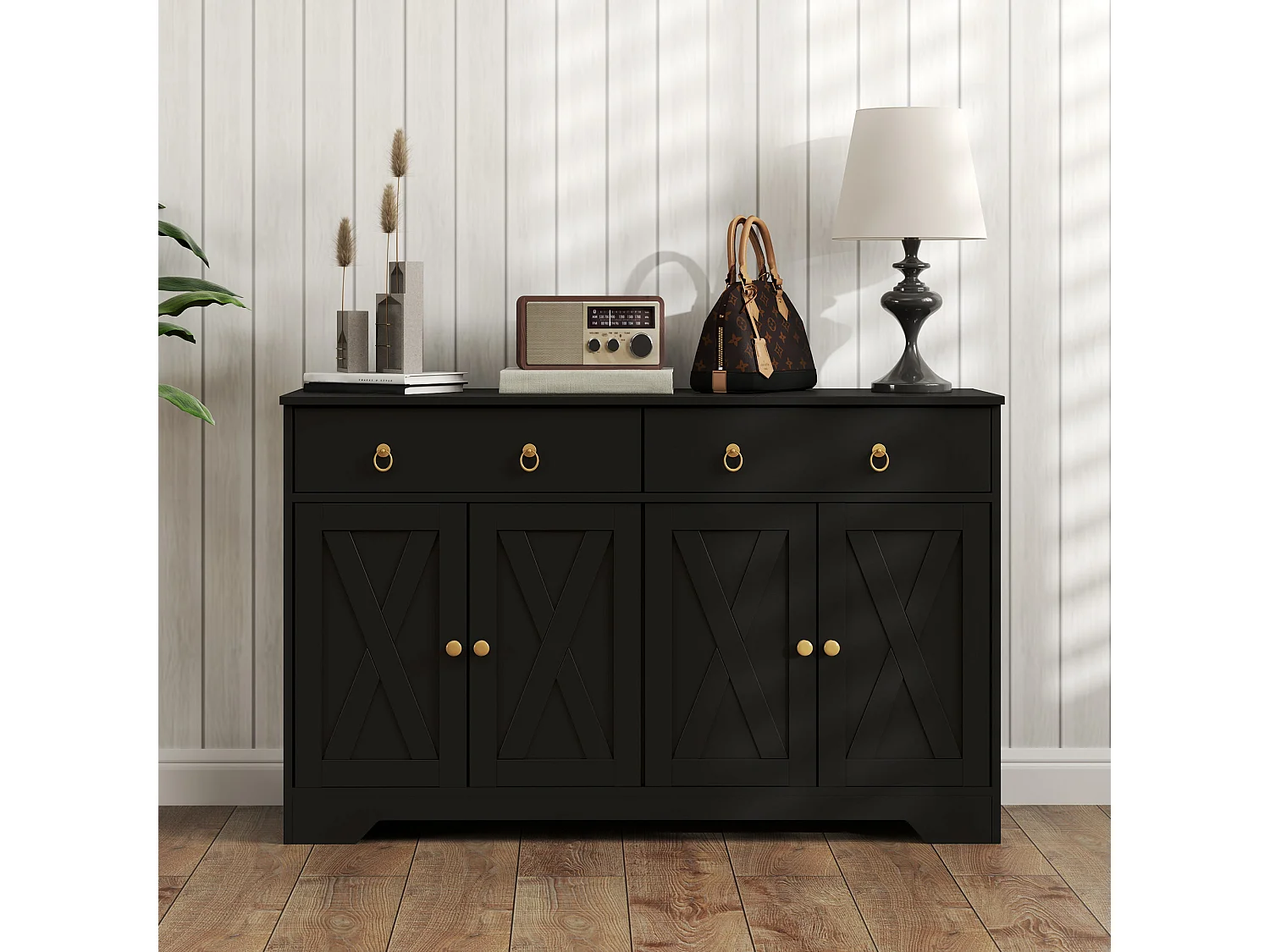 Buffet 2 portes 2 étagères 2 tiroirs style rural chic façades portes à croisillons poignées anneaux métal doré noir aspect bois