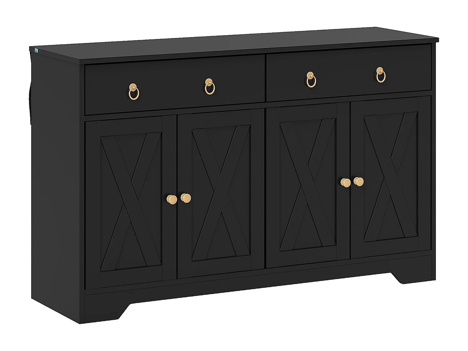 Buffet 2 portes 2 étagères 2 tiroirs style rural chic façades portes à croisillons poignées anneaux métal doré noir aspect bois