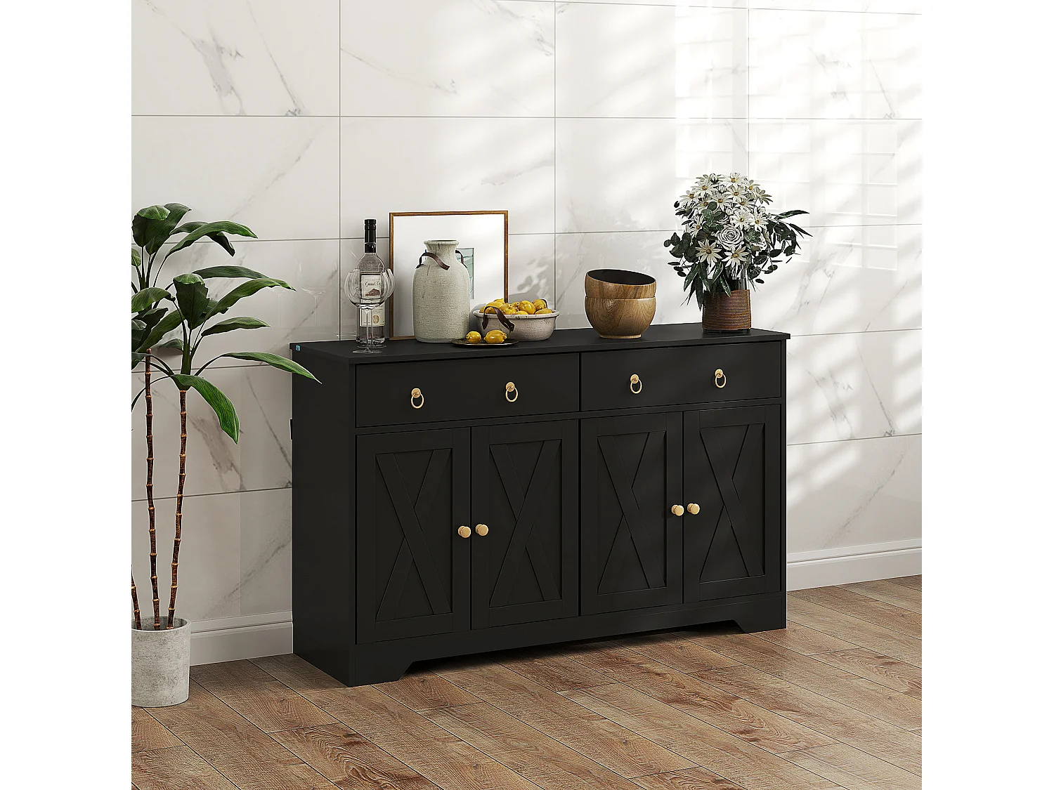 Buffet 2 portes 2 étagères 2 tiroirs style rural chic façades portes à croisillons poignées anneaux métal doré noir aspect bois