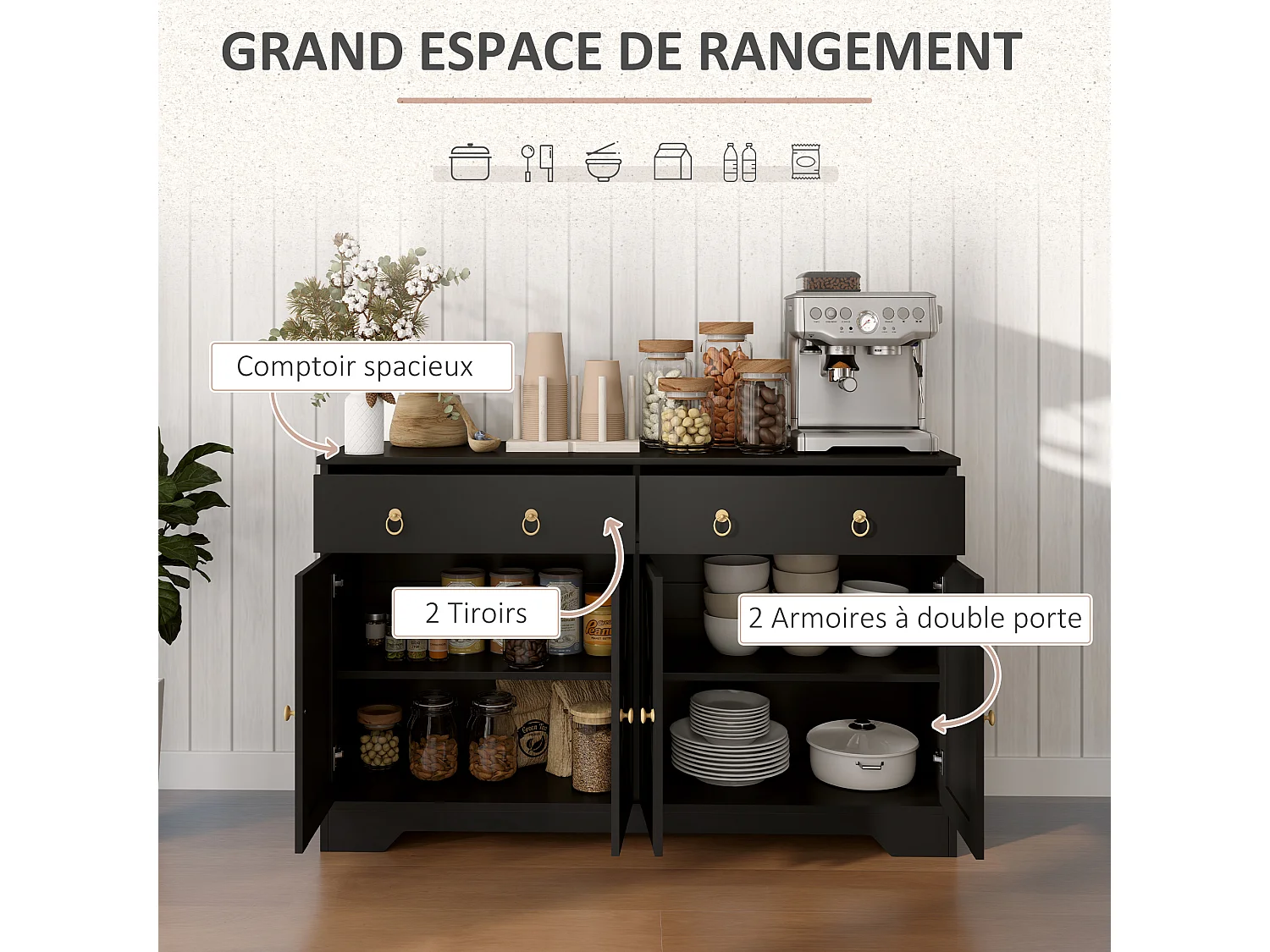 Buffet 2 portes 2 étagères 2 tiroirs style rural chic façades portes à croisillons poignées anneaux métal doré noir aspect bois