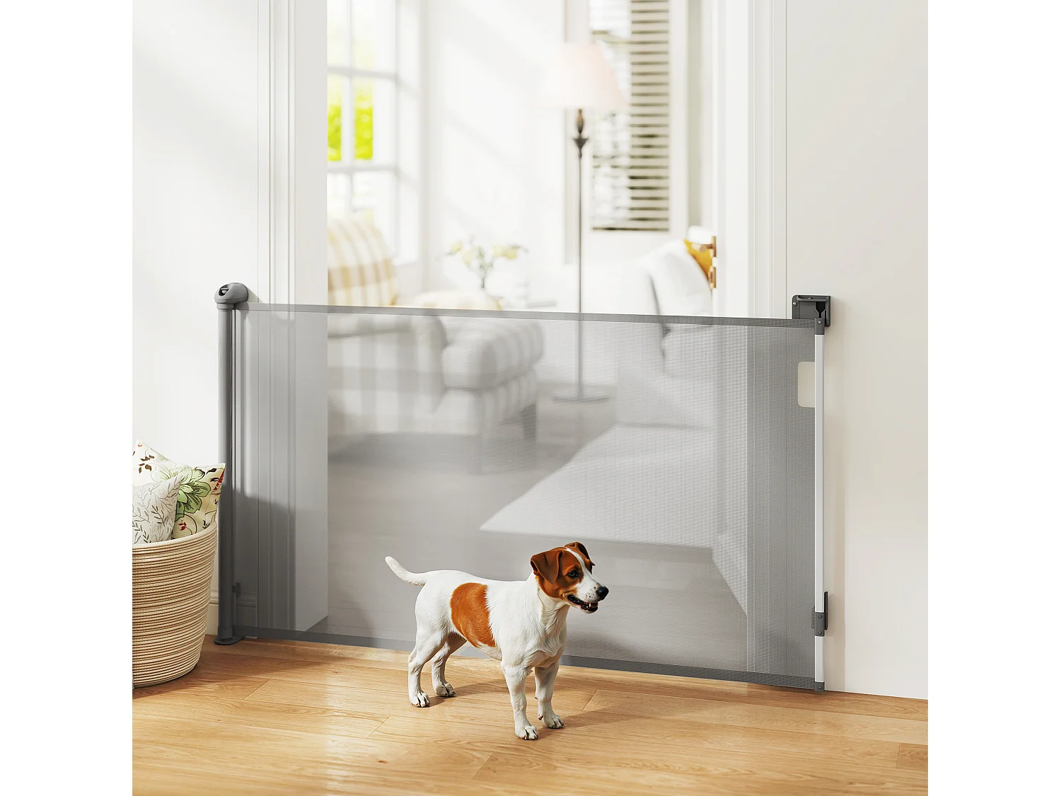 Barrière de sécurité chien rétractable 0-144 cm H.87 cm verrouillage auto alu PVC gris