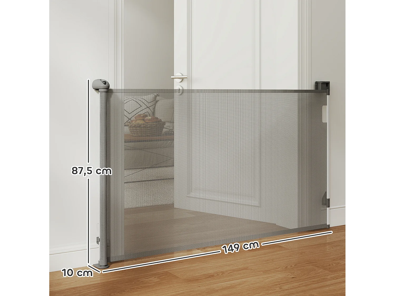 Barrière de sécurité chien rétractable 0-144 cm H.87 cm verrouillage auto alu PVC gris