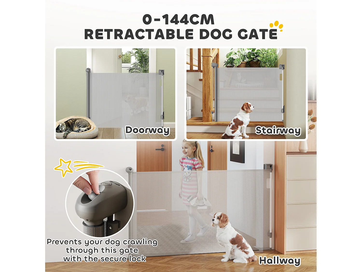 Barrière de sécurité chien rétractable 0-144 cm H.87 cm verrouillage auto alu PVC gris