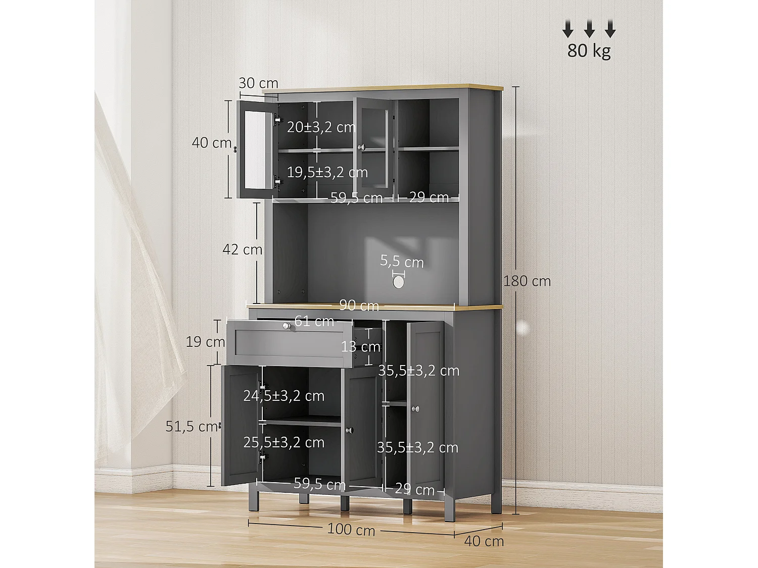 Buffet haut style classique chic - multi-rangement placards, niches, tiroir - panneaux gris aspect bois clair