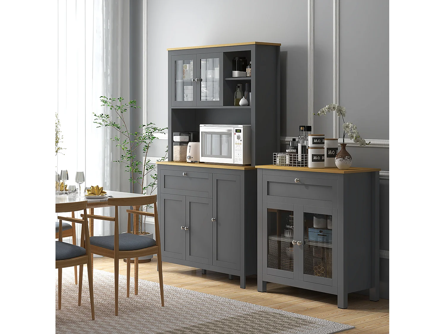 Buffet haut style classique chic - multi-rangement placards, niches, tiroir - panneaux gris aspect bois clair