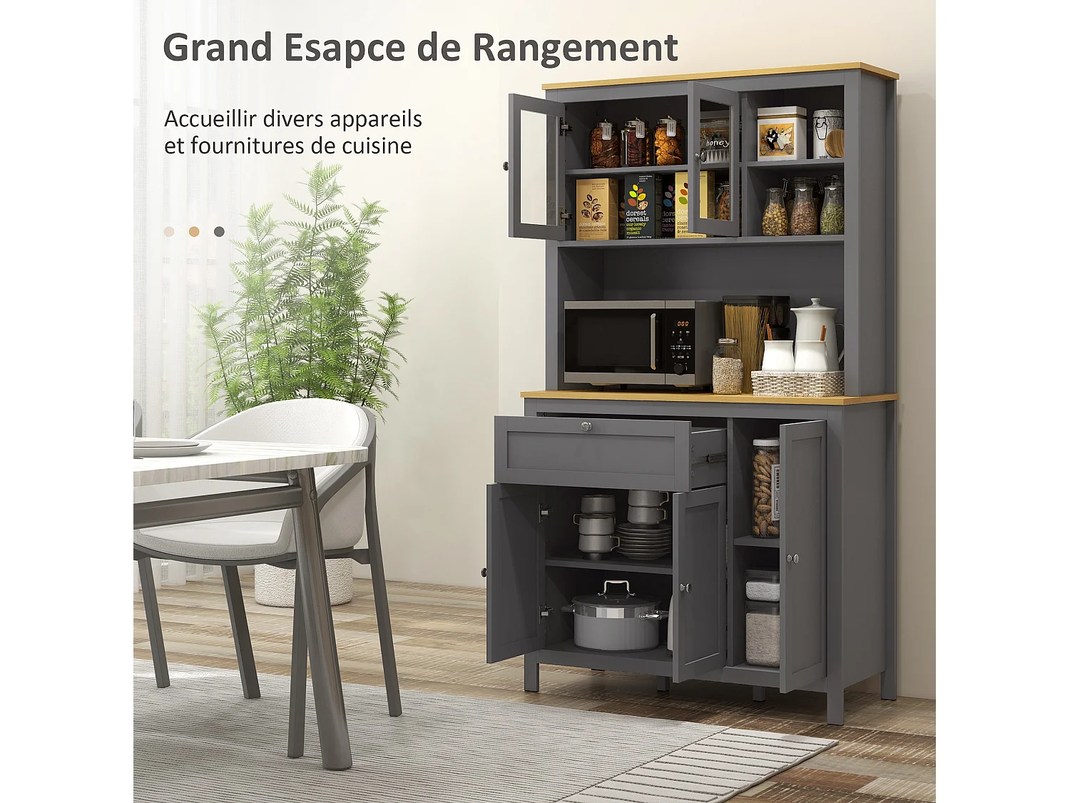 Buffet haut style classique chic - multi-rangement placards, niches, tiroir - panneaux gris aspect bois clair