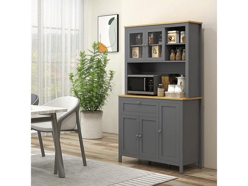 Buffet haut style classique chic - multi-rangement placards, niches, tiroir - panneaux gris aspect bois clair