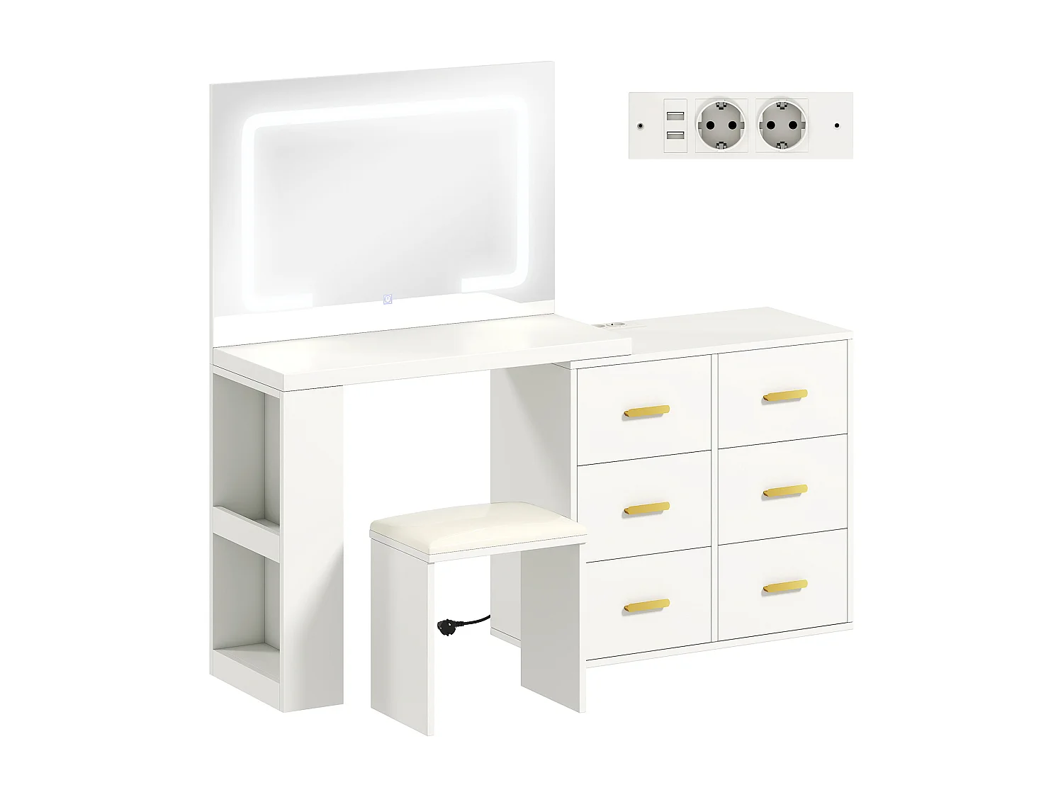 Ensemble coiffeuse miroir LED tabouret rangements modulable - 2 ports USB, 2 prises secteur - poignées alu doré blanc