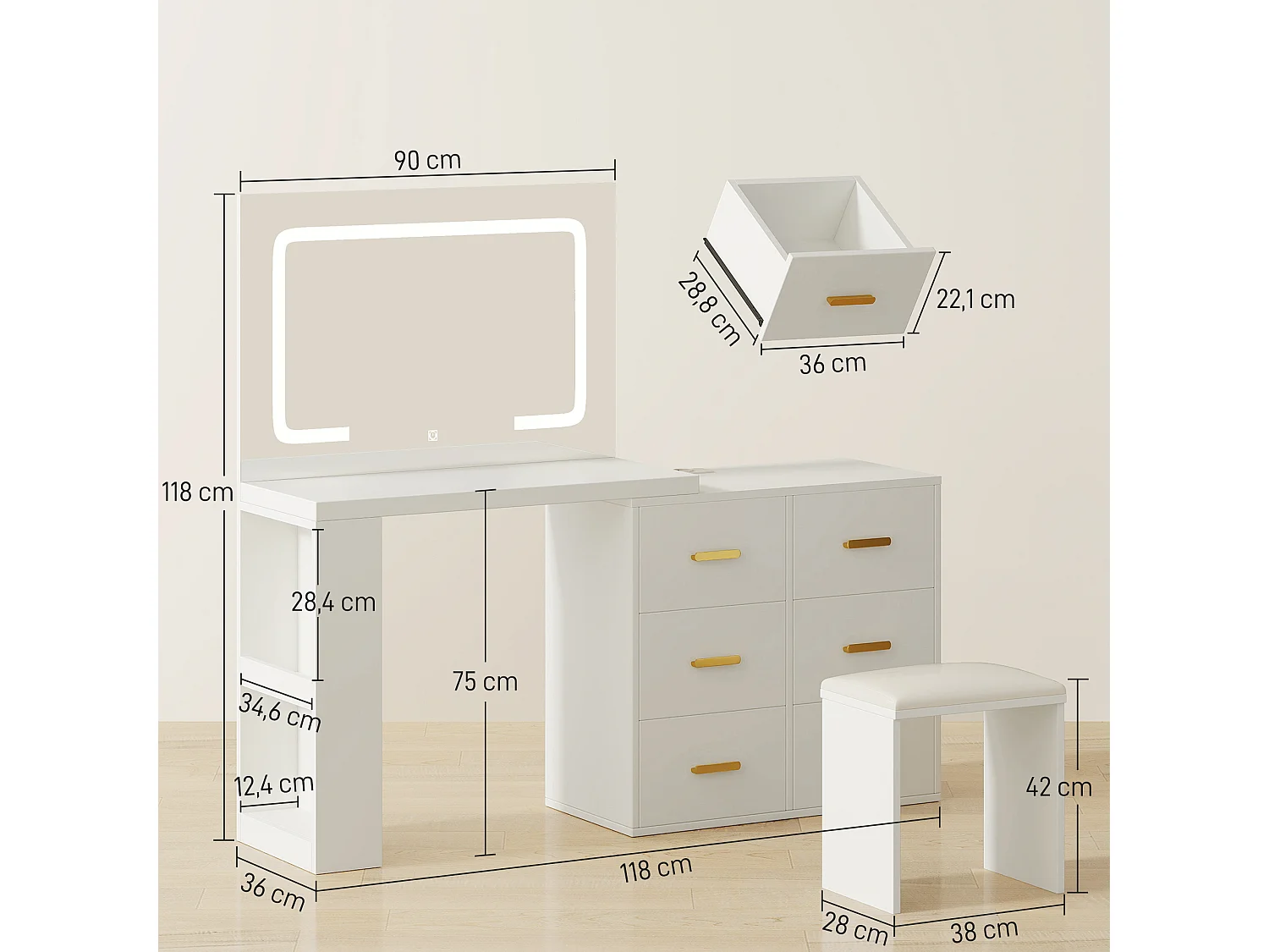 Ensemble coiffeuse miroir LED tabouret rangements modulable - 2 ports USB, 2 prises secteur - poignées alu doré blanc