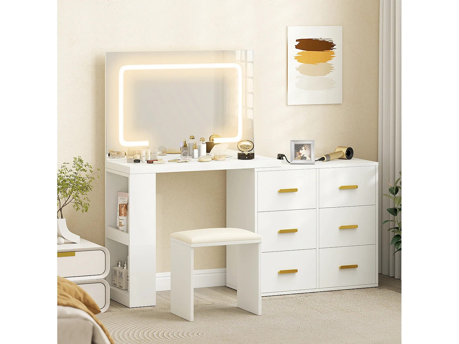 Ensemble coiffeuse miroir LED tabouret rangements modulable - 2 ports USB, 2 prises secteur - poignées alu doré blanc