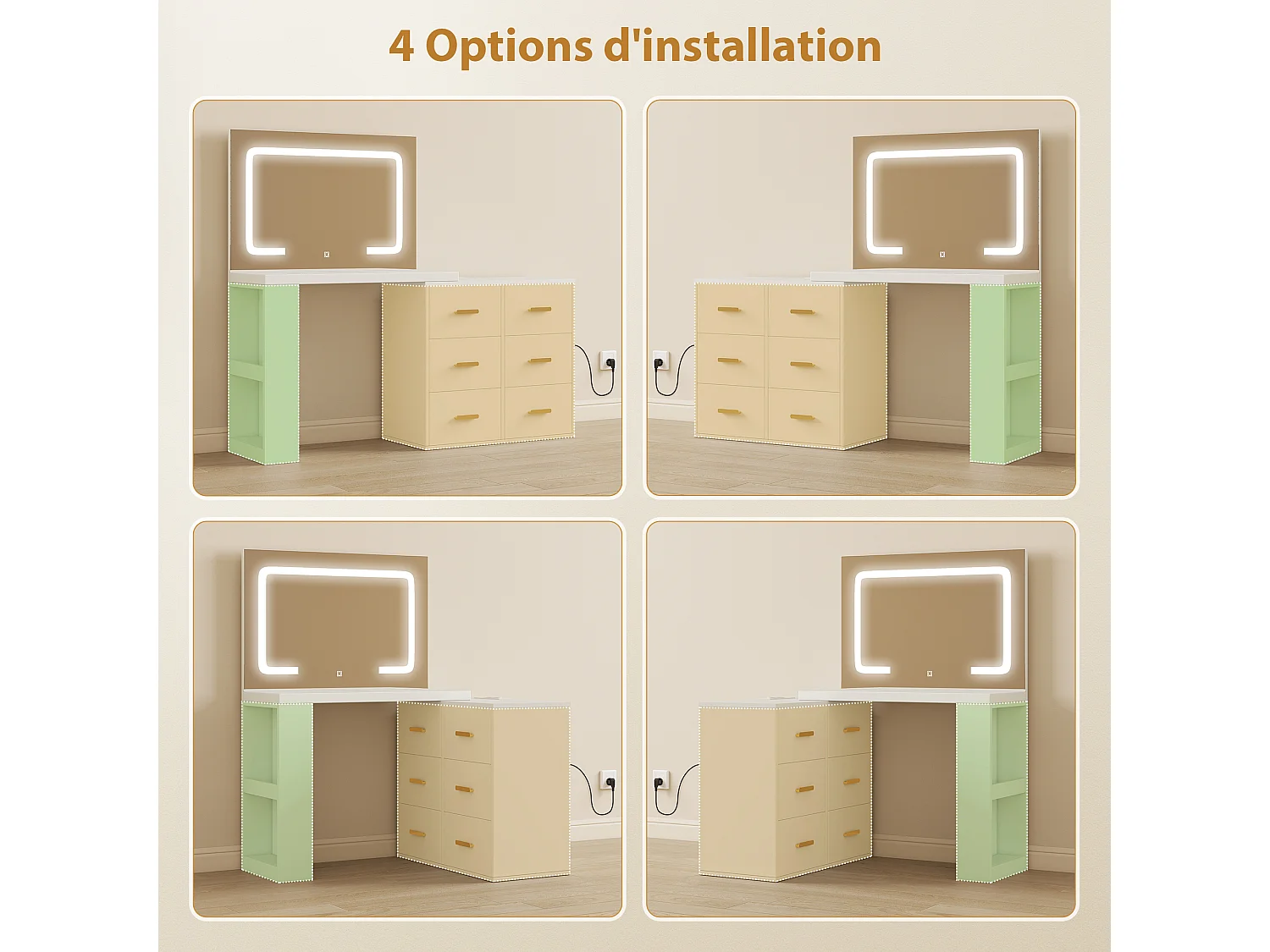 Ensemble coiffeuse miroir LED tabouret rangements modulable - 2 ports USB, 2 prises secteur - poignées alu doré blanc