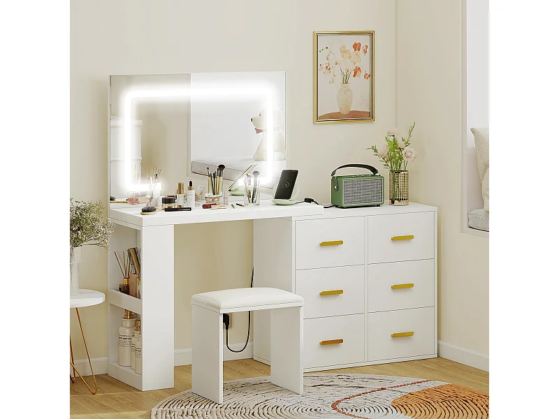 Ensemble coiffeuse miroir LED tabouret rangements modulable - 2 ports USB, 2 prises secteur - poignées alu doré blanc