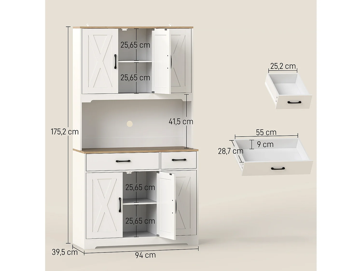 Buffet haut cuisine style rural chic 6 portes 4 étagères 2 tiroirs plan de travail