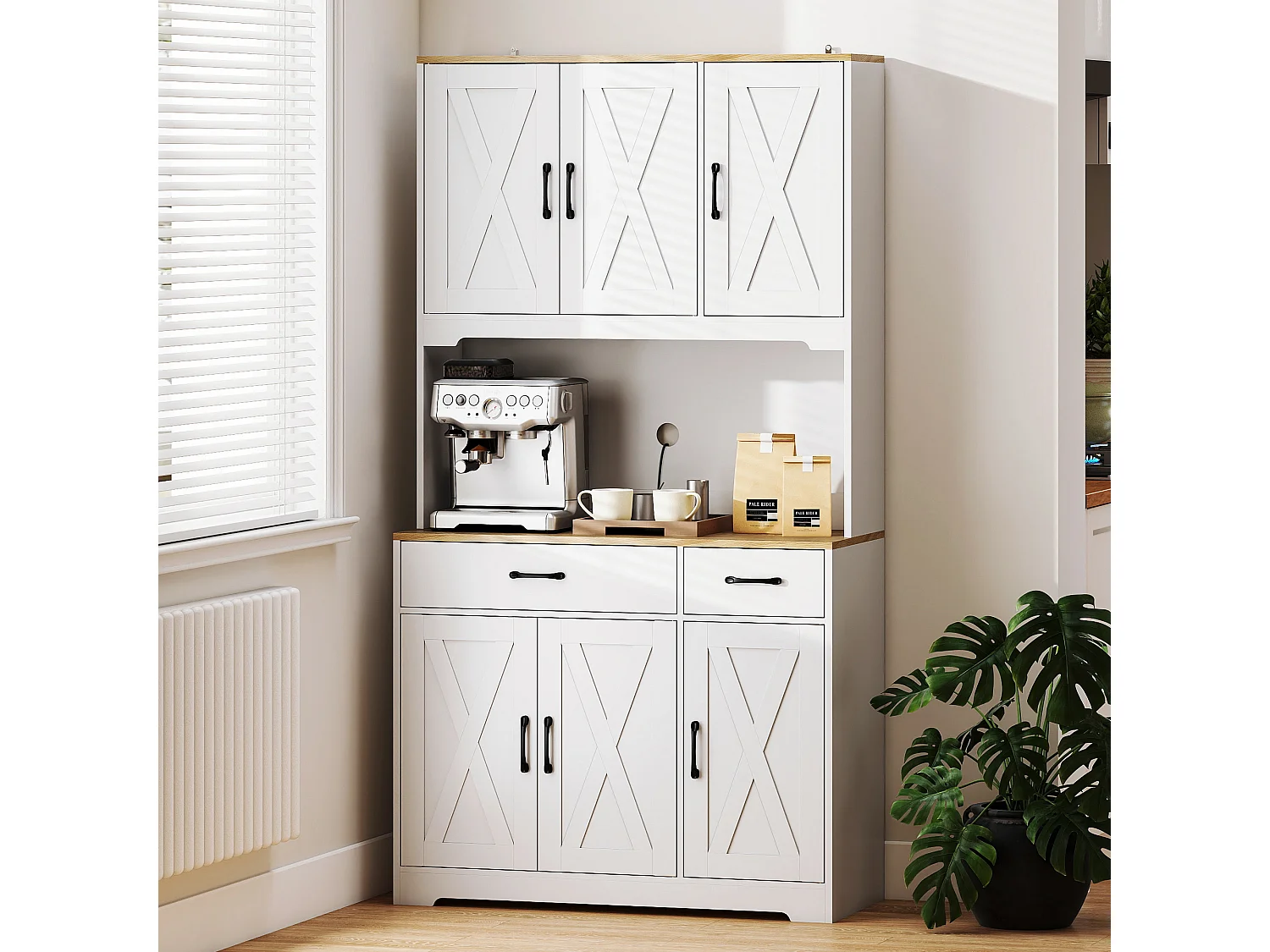 Buffet haut cuisine style rural chic 6 portes 4 étagères 2 tiroirs plan de travail