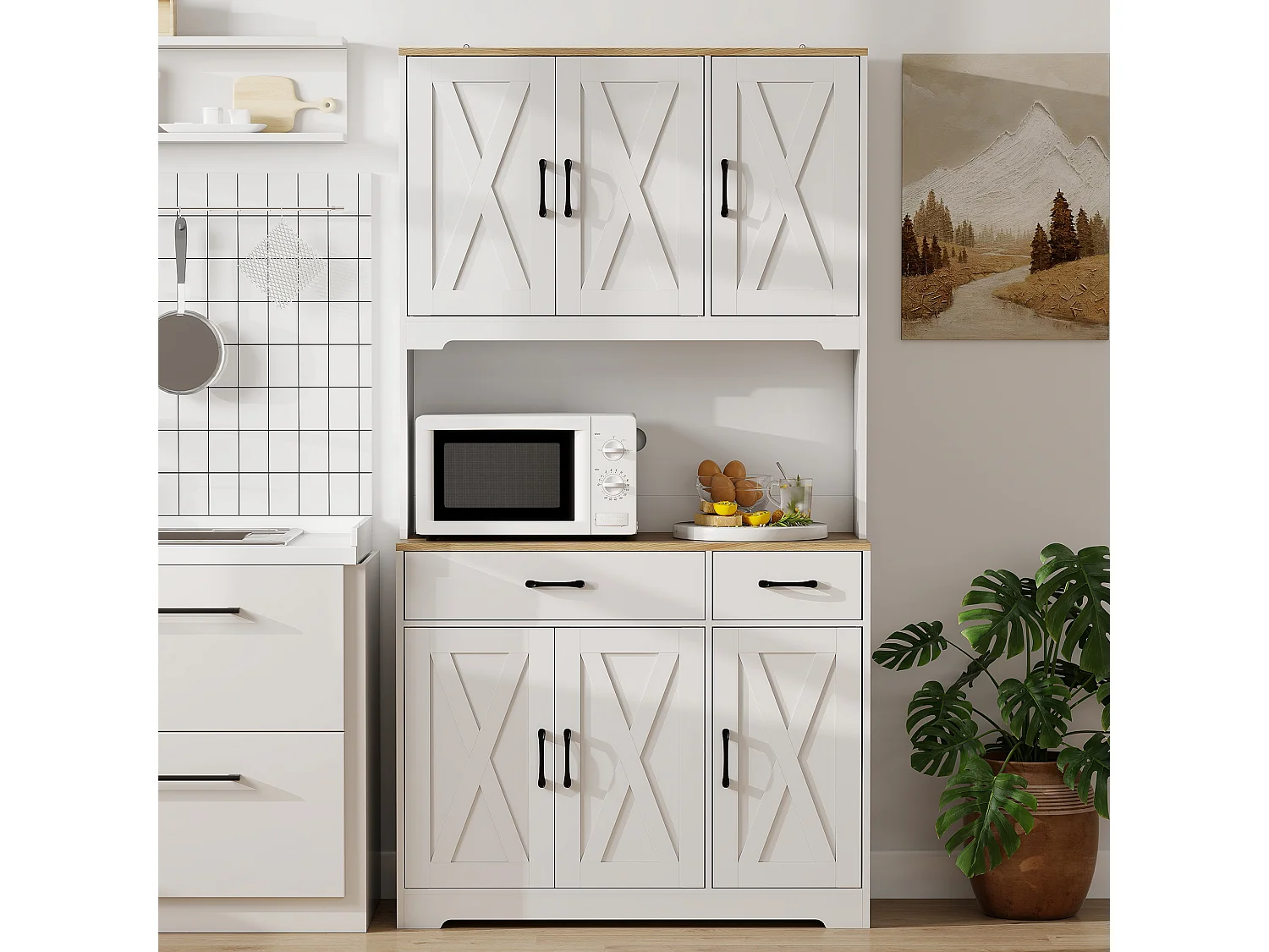 Buffet haut cuisine style rural chic 6 portes 4 étagères 2 tiroirs plan de travail