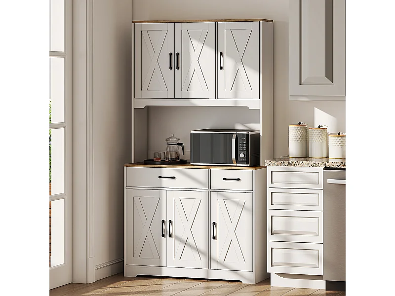 Buffet haut cuisine style rural chic 6 portes 4 étagères 2 tiroirs plan de travail