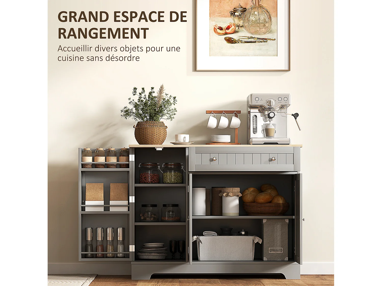 Buffet cuisine 3 portes 6 étagères tiroir coulissant dim. 105 x 40 x 83 cm effet bois gris