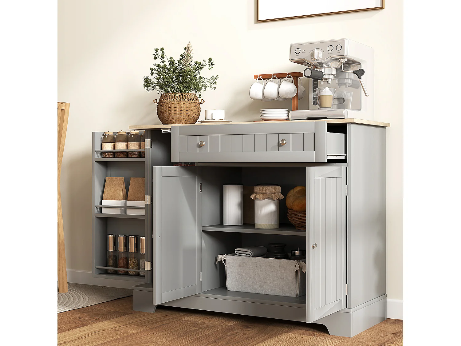 Buffet cuisine 3 portes 6 étagères tiroir coulissant dim. 105 x 40 x 83 cm effet bois gris