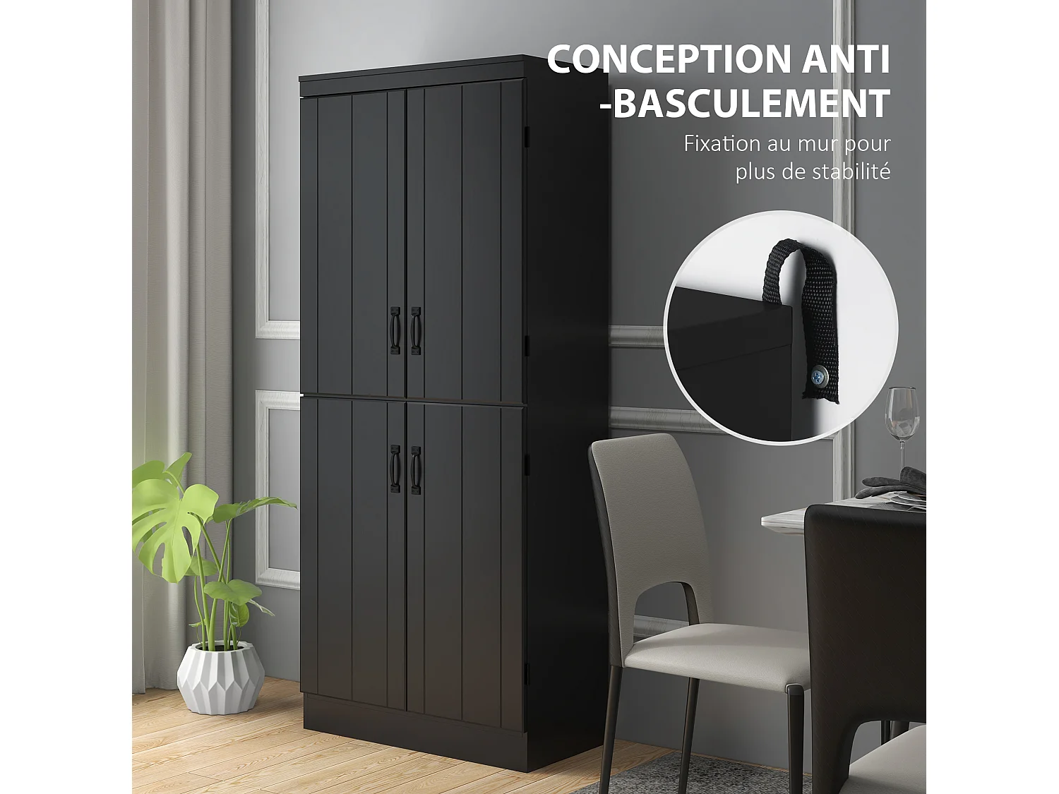 Armoire de cuisine buffet de salle à manger avec 4 portes 6 étagères de rangement style moderne 76 x 40 x 177 cm noir