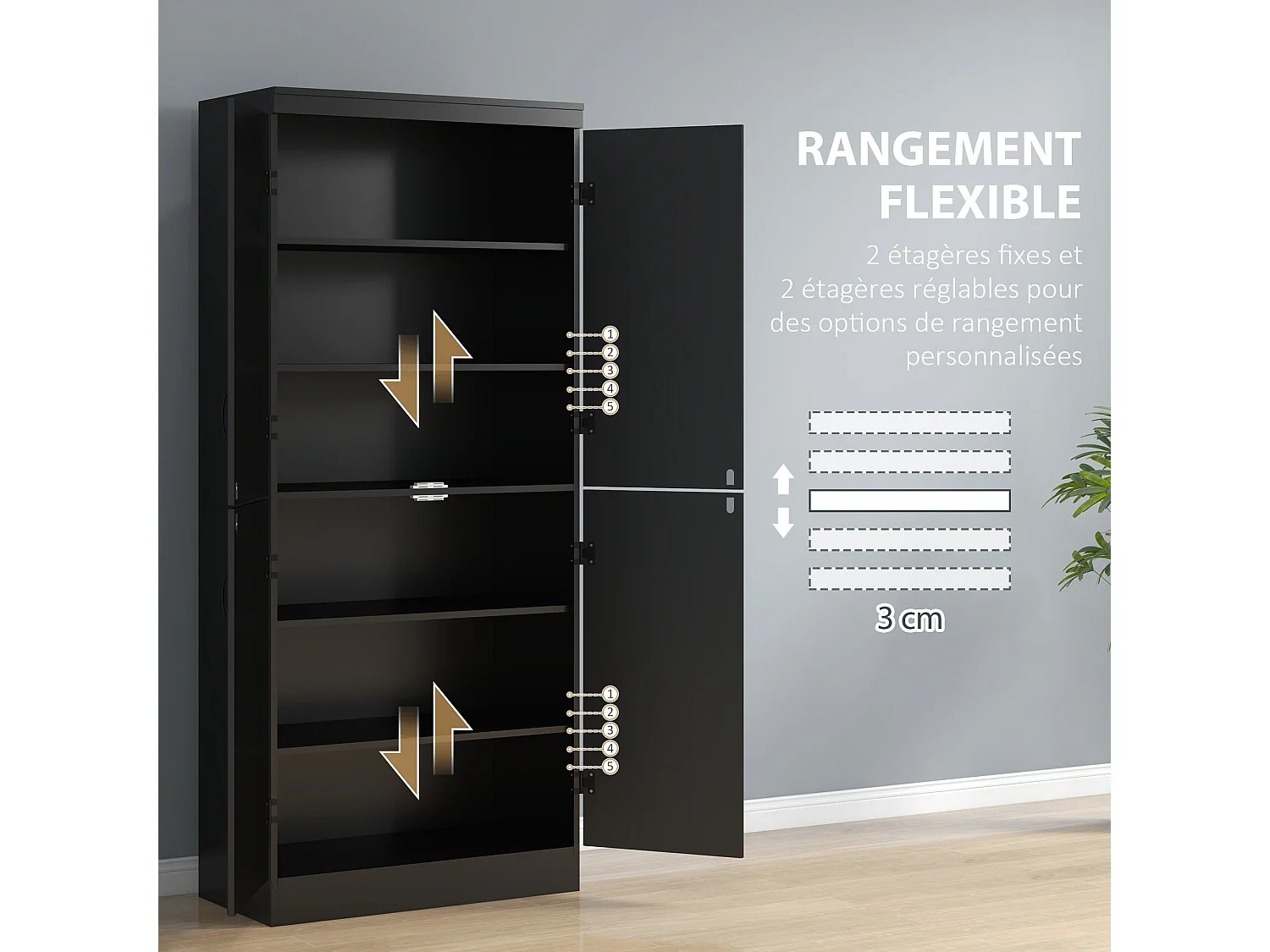 Armoire de cuisine buffet de salle à manger avec 4 portes 6 étagères de rangement style moderne 76 x 40 x 177 cm noir