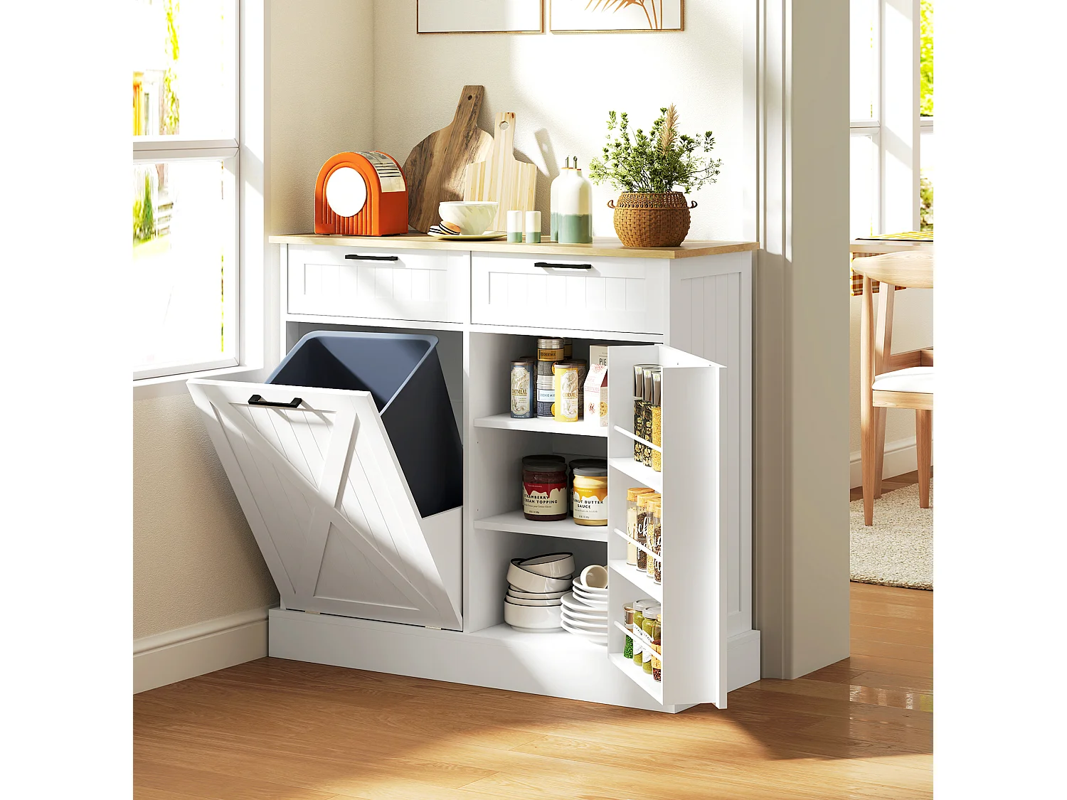 Buffet cuisine meuble poubelle 38L - porte, 2 étagères, 2 tiroirs, porte-épices - effet bois clair blanc