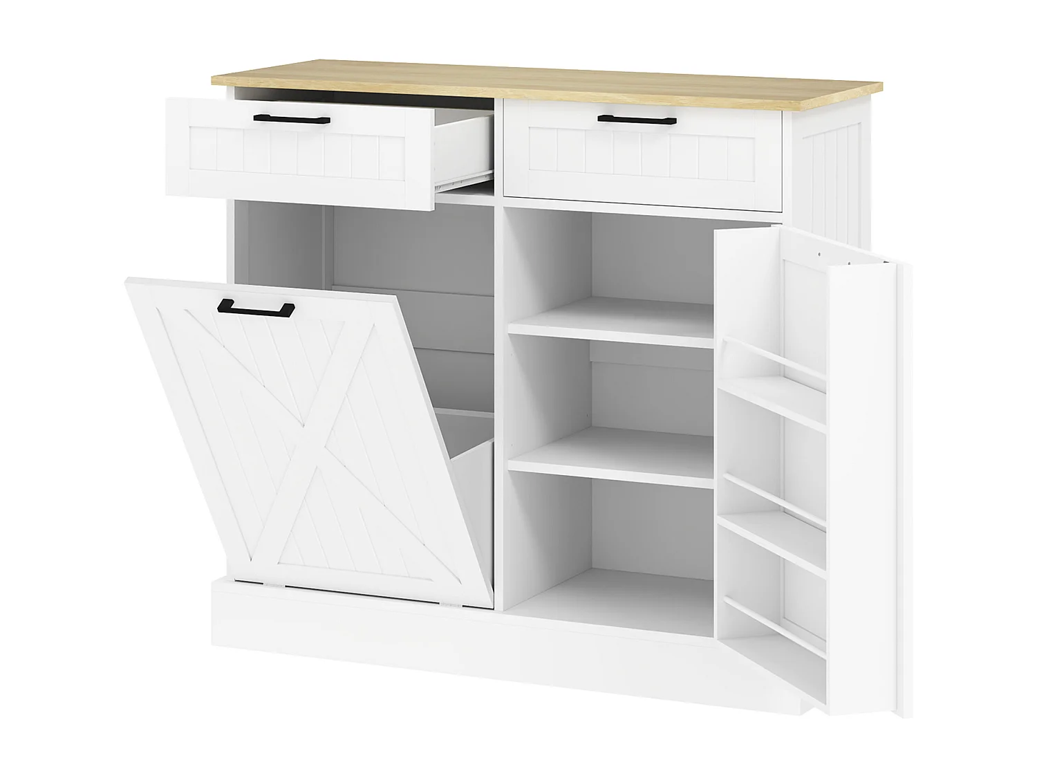 Buffet cuisine meuble poubelle 38L - porte, 2 étagères, 2 tiroirs, porte-épices - effet bois clair blanc