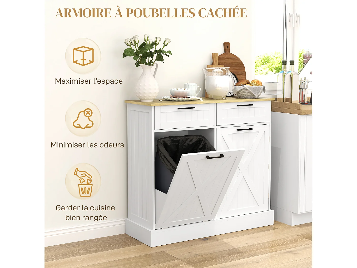Buffet cuisine meuble poubelle 38L - porte, 2 étagères, 2 tiroirs, porte-épices - effet bois clair blanc