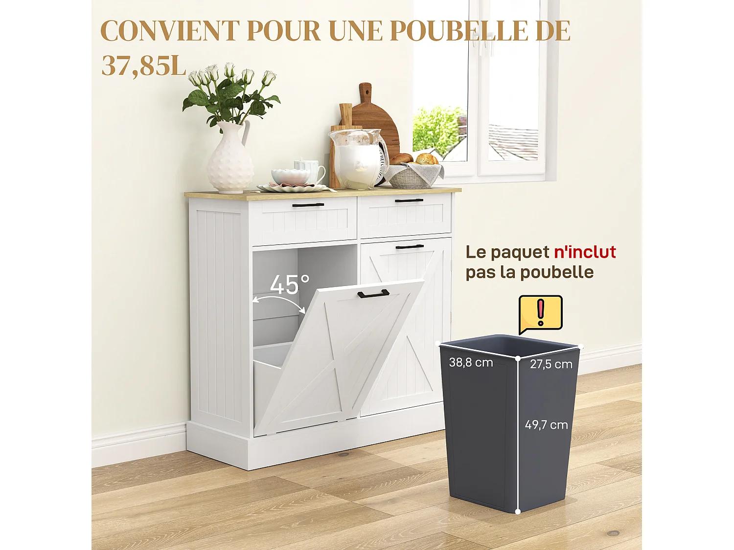 Buffet cuisine meuble poubelle 38L - porte, 2 étagères, 2 tiroirs, porte-épices - effet bois clair blanc