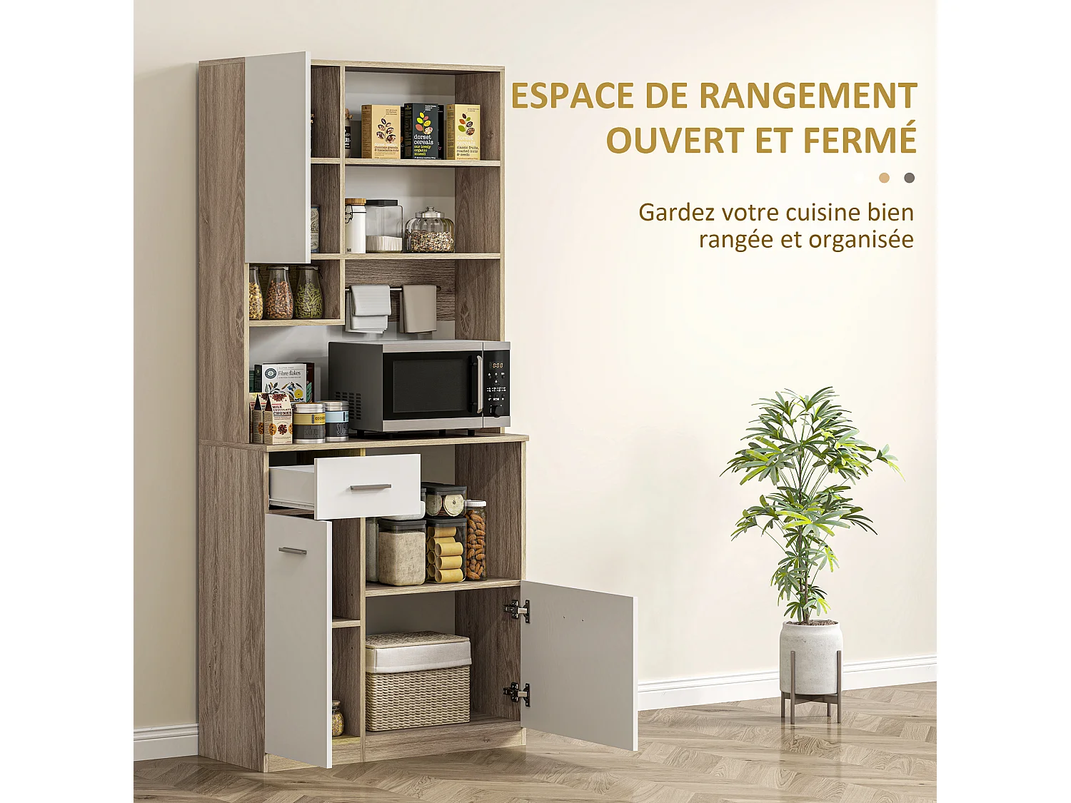 Buffet haut de cuisine - 3 portes, 2 étagères, 4 niches, tiroir, grand plateau - blanc effet bois
