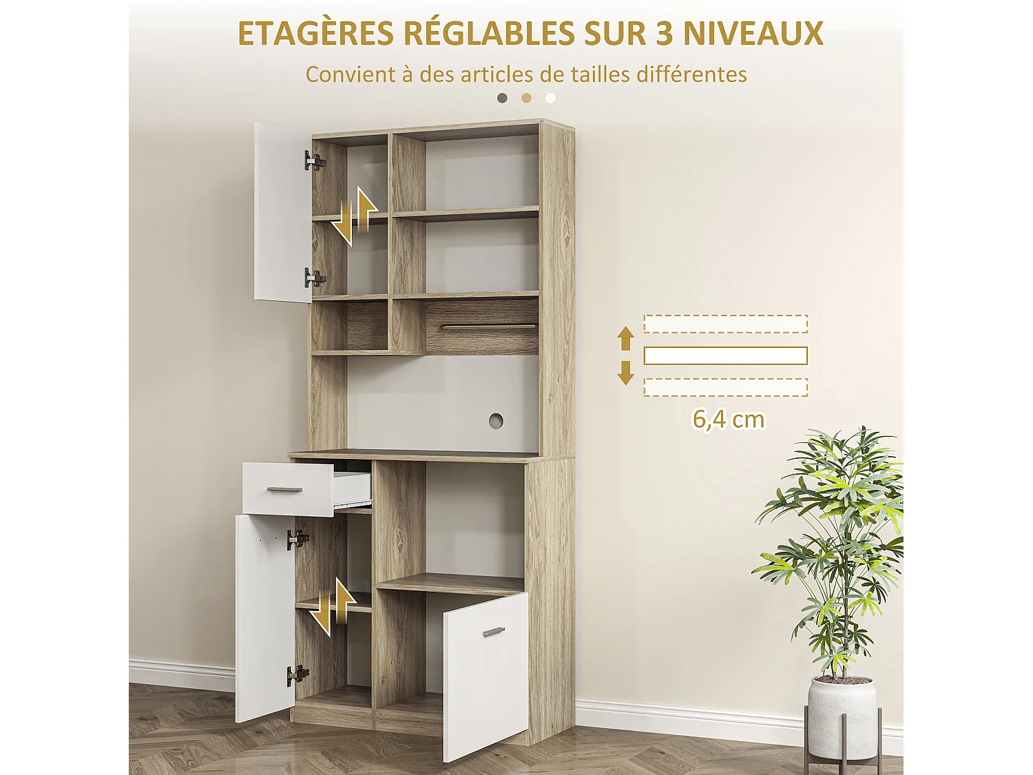 Buffet haut de cuisine - 3 portes, 2 étagères, 4 niches, tiroir, grand plateau - blanc effet bois