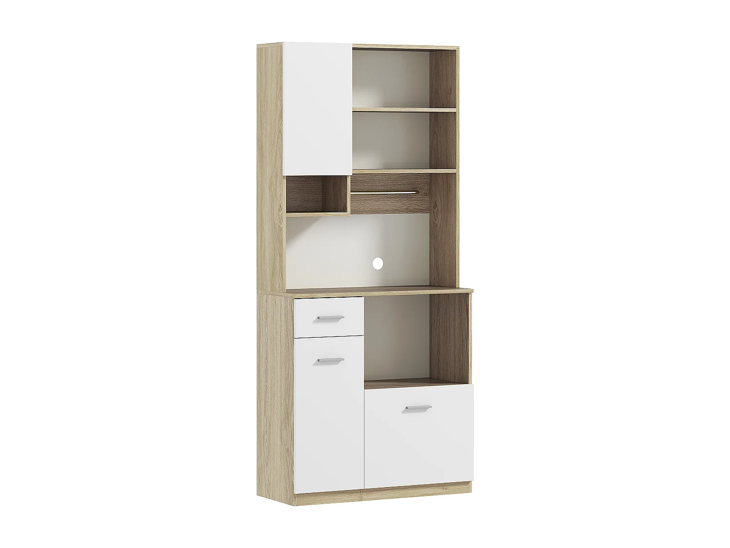 Buffet haut de cuisine - 3 portes, 2 étagères, 4 niches, tiroir, grand plateau - blanc effet bois