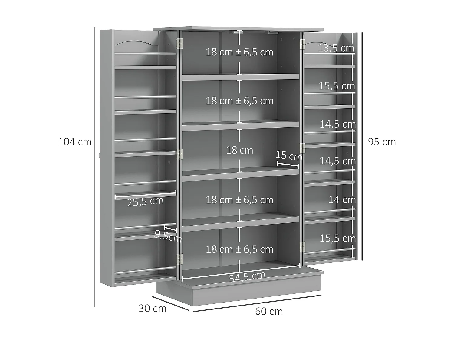 Armoire de cuisine rangement épices 2 portes 4 étagères 12 porte-épices dim. 60 x 30 x 104 cm gris