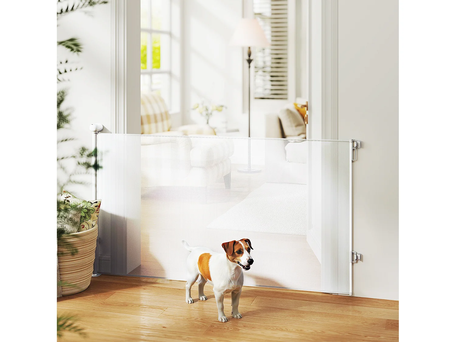 Barrière de sécurité chien rétractable 0-140 cm H.86 cm verrouillage auto alu PVC blanc