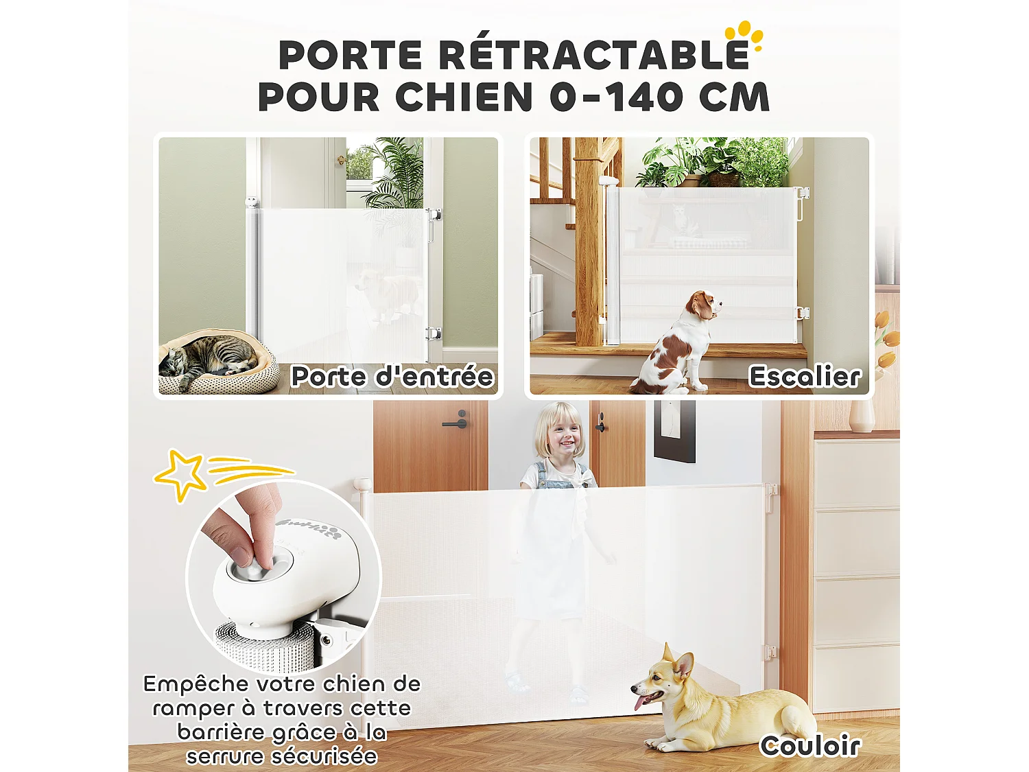 Barrière de sécurité chien rétractable 0-140 cm H.86 cm verrouillage auto alu PVC blanc