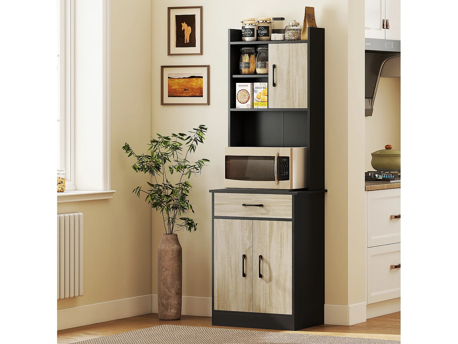 Buffet haut cuisine - 3 portes, 3 étagères, 2 niches plan de travail - dim. 60 x 40 x 180 cm - noir effet bois clair