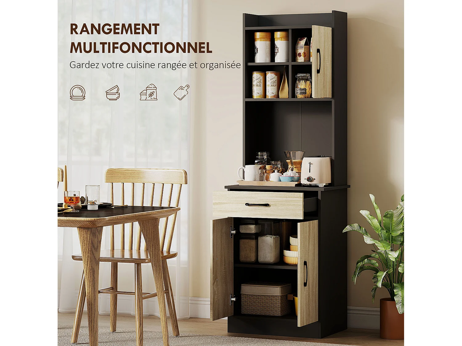 Buffet haut cuisine - 3 portes, 3 étagères, 2 niches plan de travail - dim. 60 x 40 x 180 cm - noir effet bois clair