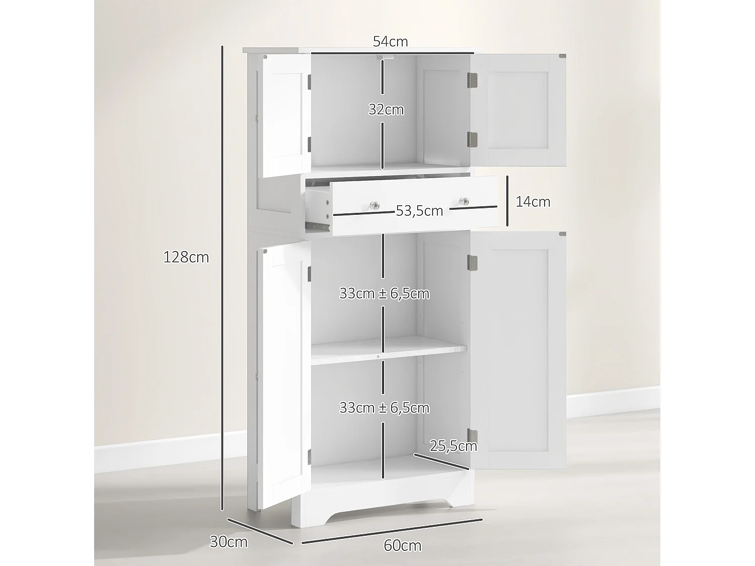 Armoire buffet cuisine - 4 portes, étagère, tiroir - dim. 60 x 30 x 128 cm - blanc