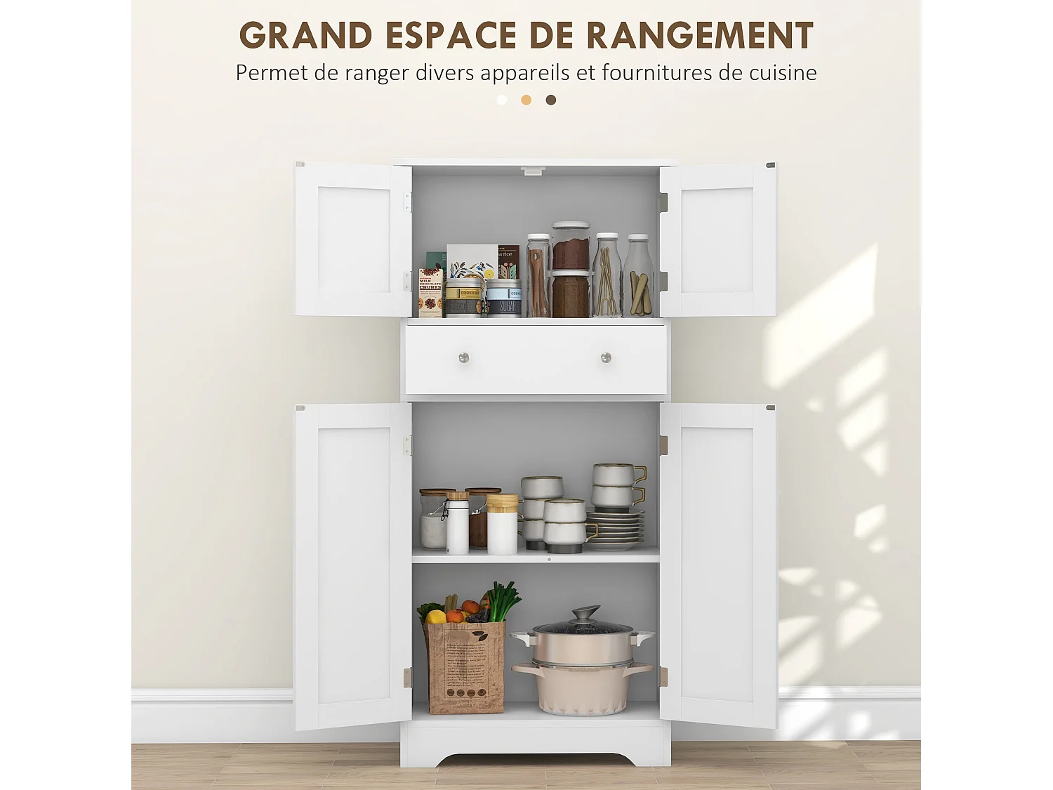 Armoire buffet cuisine - 4 portes, étagère, tiroir - dim. 60 x 30 x 128 cm - blanc