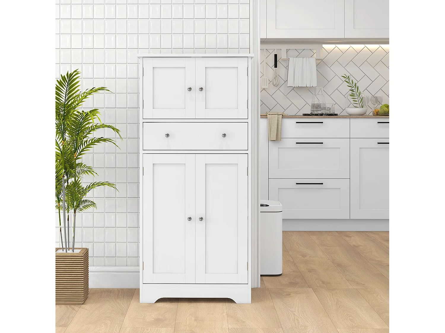 Armoire buffet cuisine - 4 portes, étagère, tiroir - dim. 60 x 30 x 128 cm - blanc