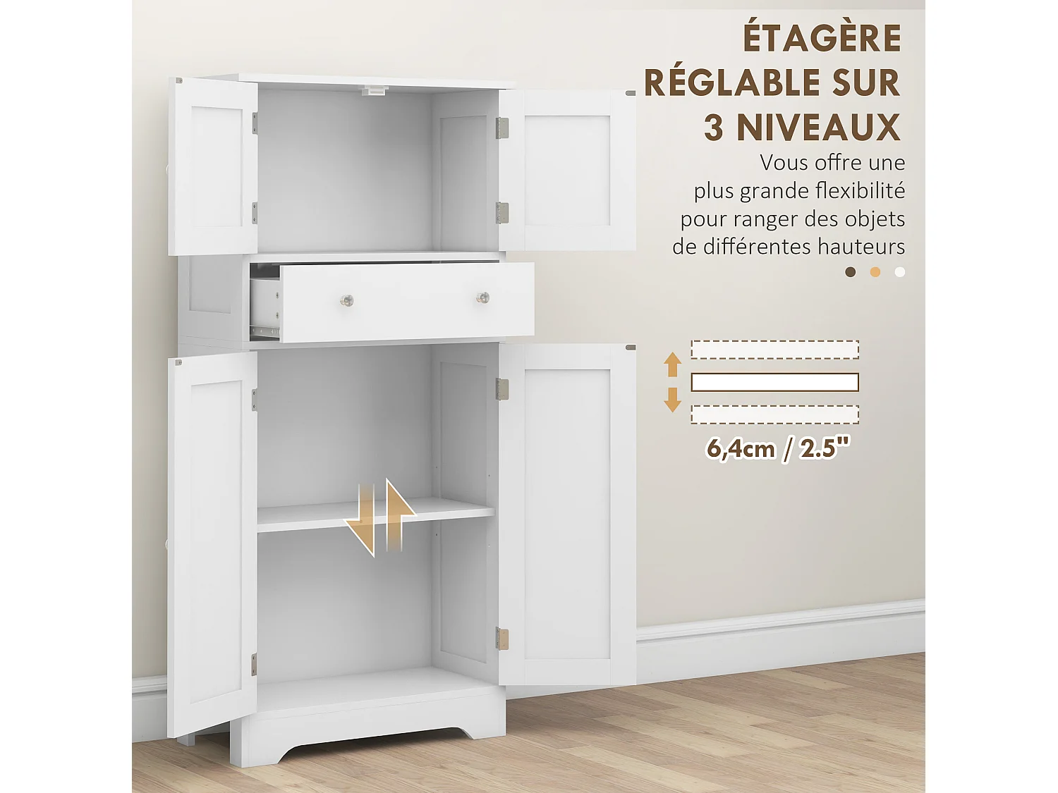 Armoire buffet cuisine - 4 portes, étagère, tiroir - dim. 60 x 30 x 128 cm - blanc