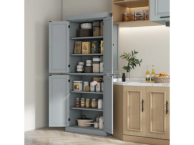 Buffet haut - armoire de cuisine - dim. 76 x 40,5 x 184 cm - 2 portes, 4 étagères - gris