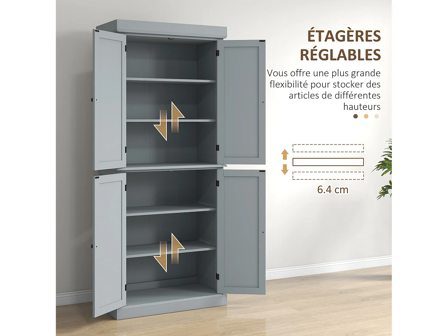Buffet haut - armoire de cuisine - dim. 76 x 40,5 x 184 cm - 2 portes, 4 étagères - gris