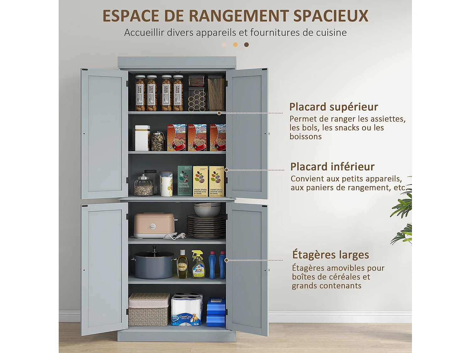 Buffet haut - armoire de cuisine - dim. 76 x 40,5 x 184 cm - 2 portes, 4 étagères - gris