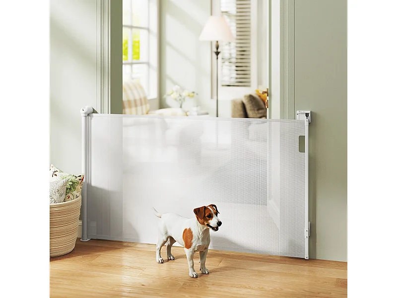 Barrière de sécurité chien rétractable 0-144 cm H.87 cm verrouillage auto alu PVC blanc