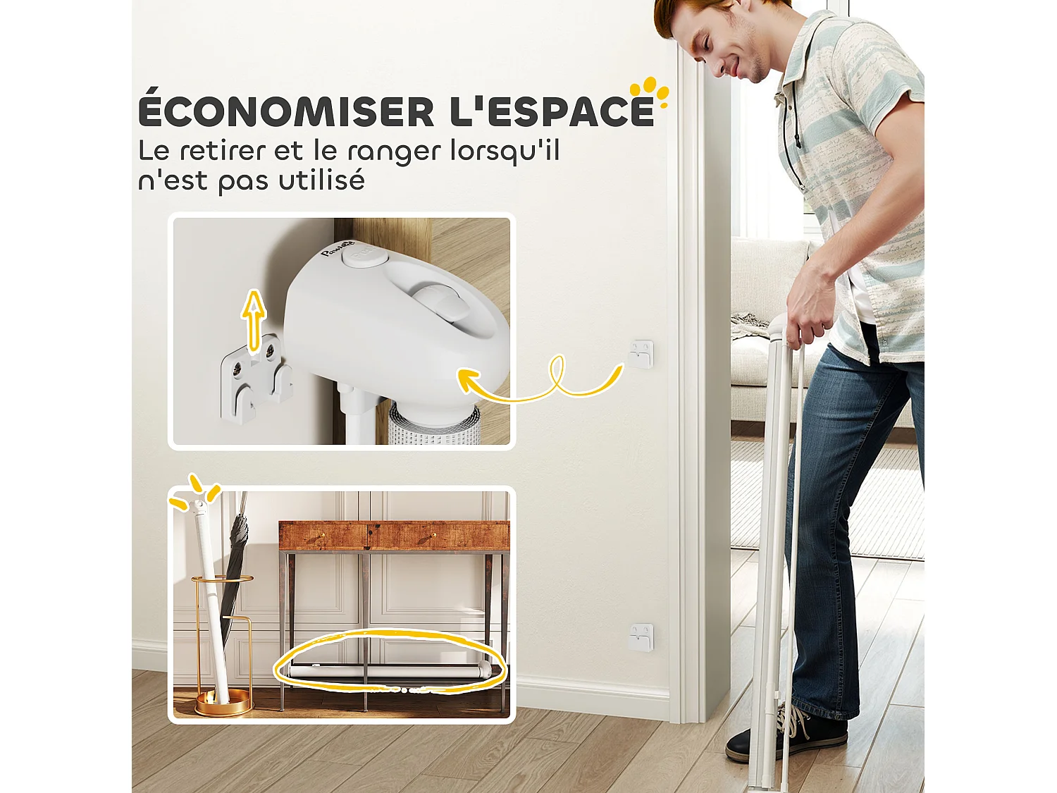 Barrière de sécurité chien rétractable 0-144 cm H.87 cm verrouillage auto alu PVC blanc