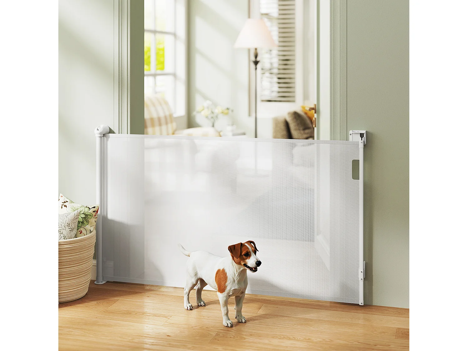 Barrière de sécurité chien rétractable 0-144 cm H.87 cm verrouillage auto alu PVC blanc